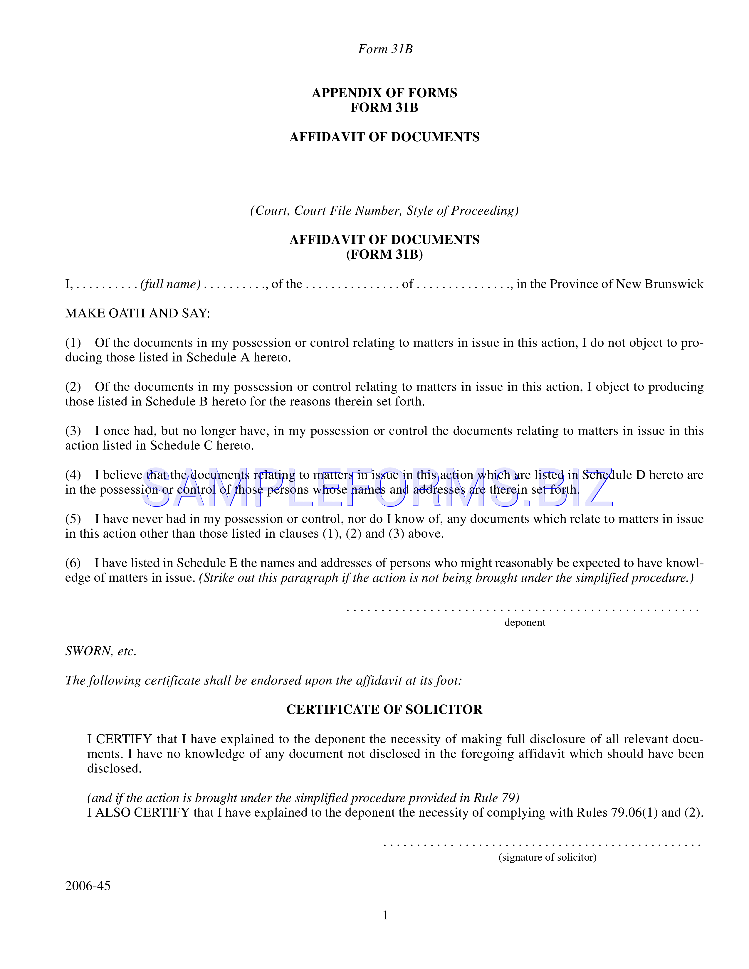 Preview free downloadable New Brunswick Affidavit of Documents Form in PDF (page 1)